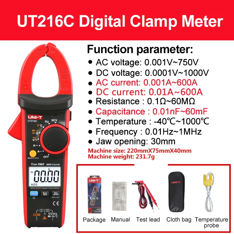 UNI-T UT216C 600A Digital AC DC Clamp Meter Current Clamp Multimeter DC Amper Meter Frequency Capacitance Temperature NCV Test