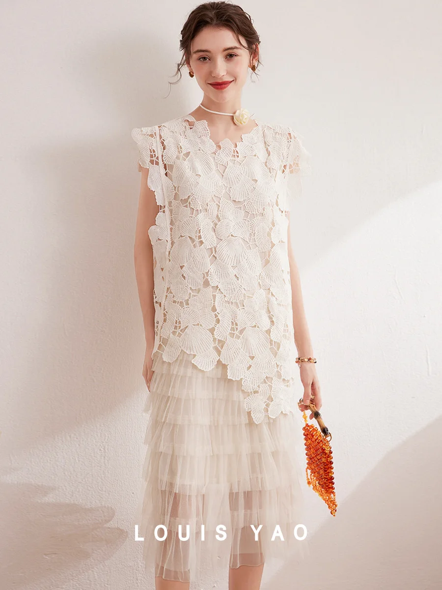 

LOUIS YAO 2025 Summer Hollow Hook Weaving Mesh Splicing Dress French Romantic Cake Layer Flying Sleeves Women's Dress