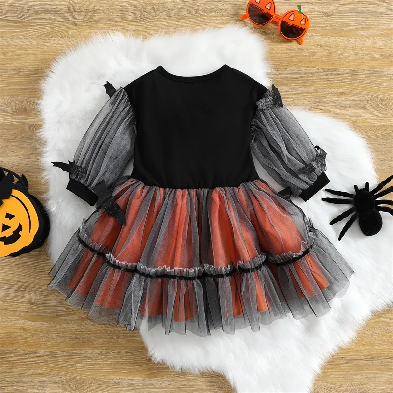 Little Girl’s Long Sleeve Dress Halloween Printed Bat Stitching Mesh Yarn A-line Dress