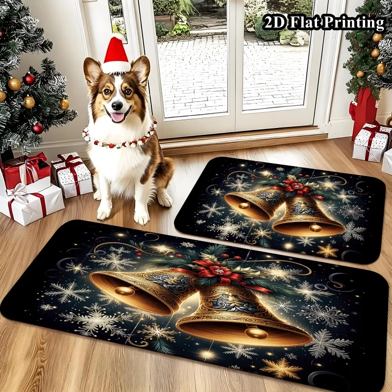 2PC Christmas Jingle Bell Kitchen Mat 2PC, 2D Flat Golden Winter Snowflake Area Rugs,Washable Floor Mat for Front Door Mat