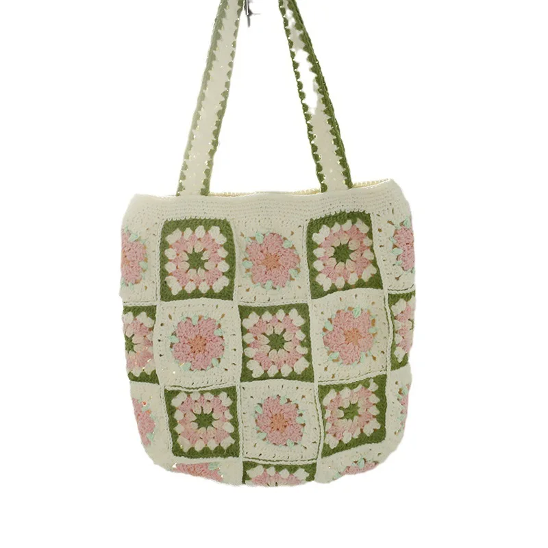 Cherry blossom color scheme hand-woven grandmother checkered shoulder bag, girls wool crocheted handbag, sweet
