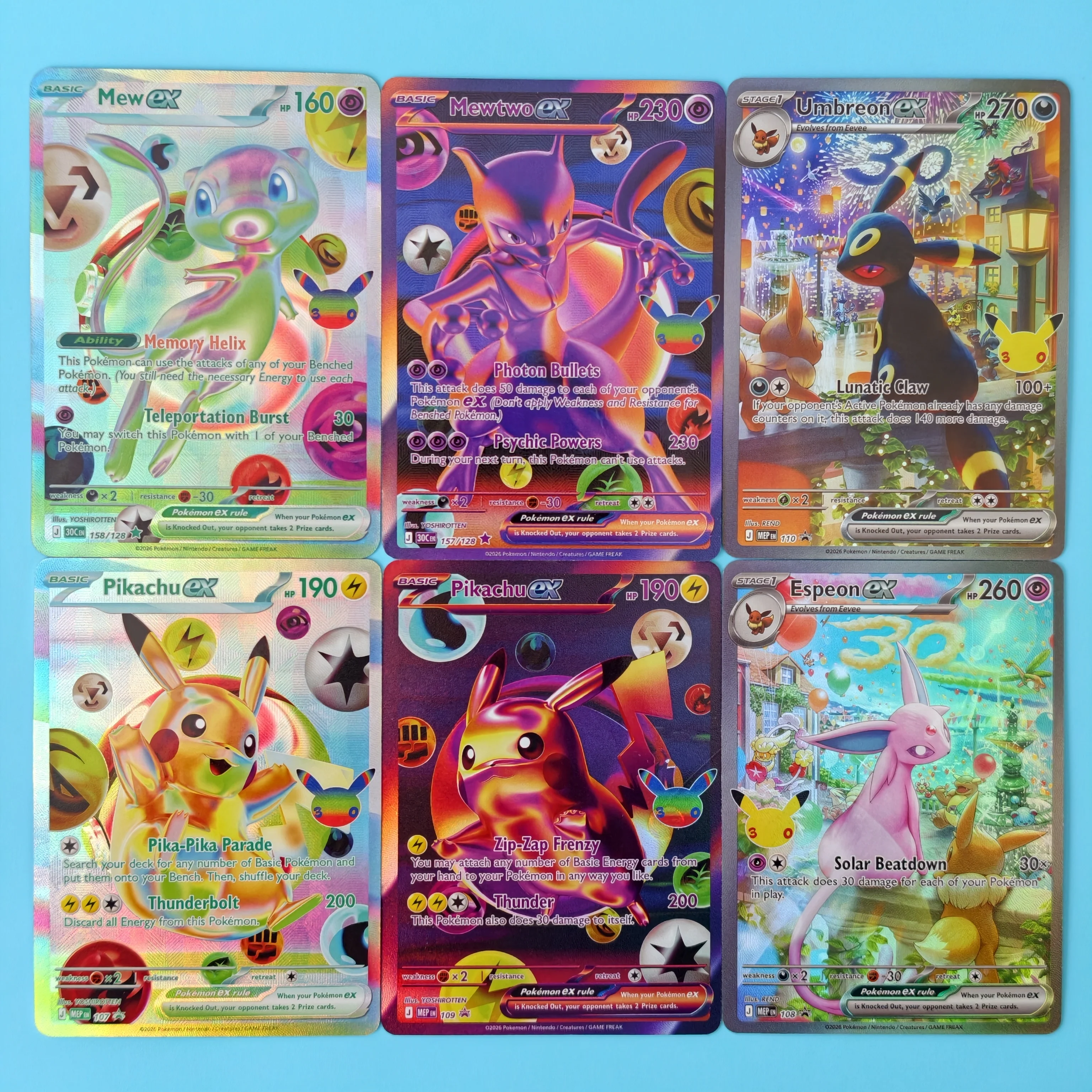 Self Made TCG Collection Card 30C/MEP 30th Anniversary Rare Card Umbreon Espeon Mew EX Holo English PKM Cards
