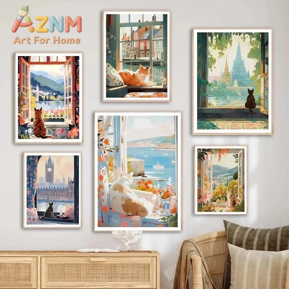 Charming Cat Landscape Wall Art Prints Canvas Paintings of Florence Mount Fuji Paris Greece Travel Posters for Living Room