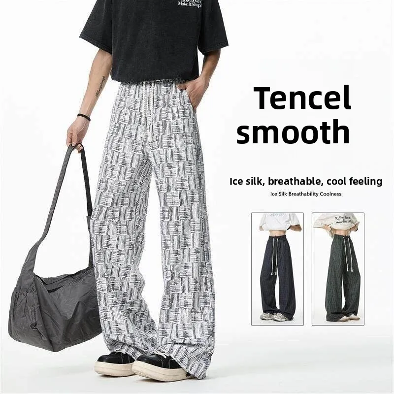 American Style Ice Silk Trousers Men, Anti-Wrinkle Loose Fit Checkered Pants, Summer Cooling Wide Leg Dress Pants with Ombre Dye