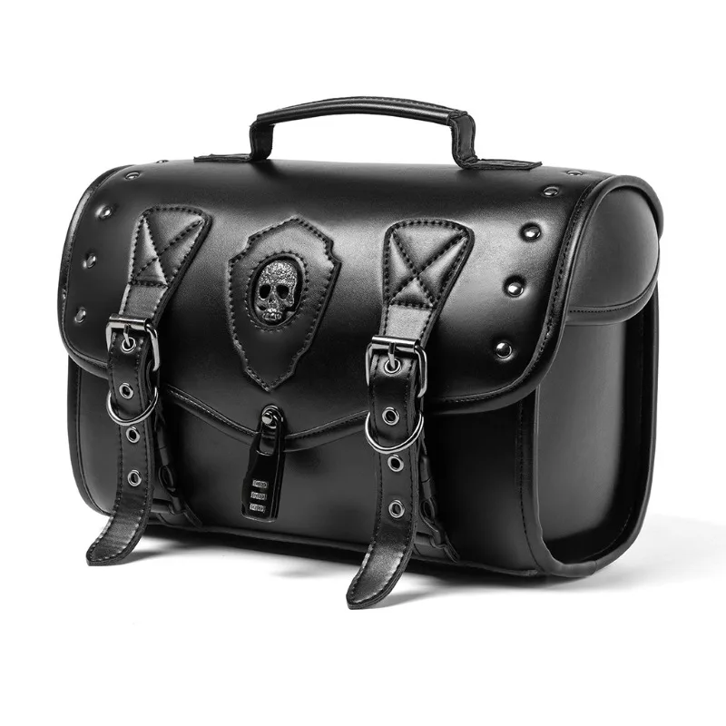 2026 New Vintage Motorcycle Saddle Bag with 3-Digit Code Lock，Gothic Skull&Rivet Design Rear Tail Bag Cruiser Saddlebag
