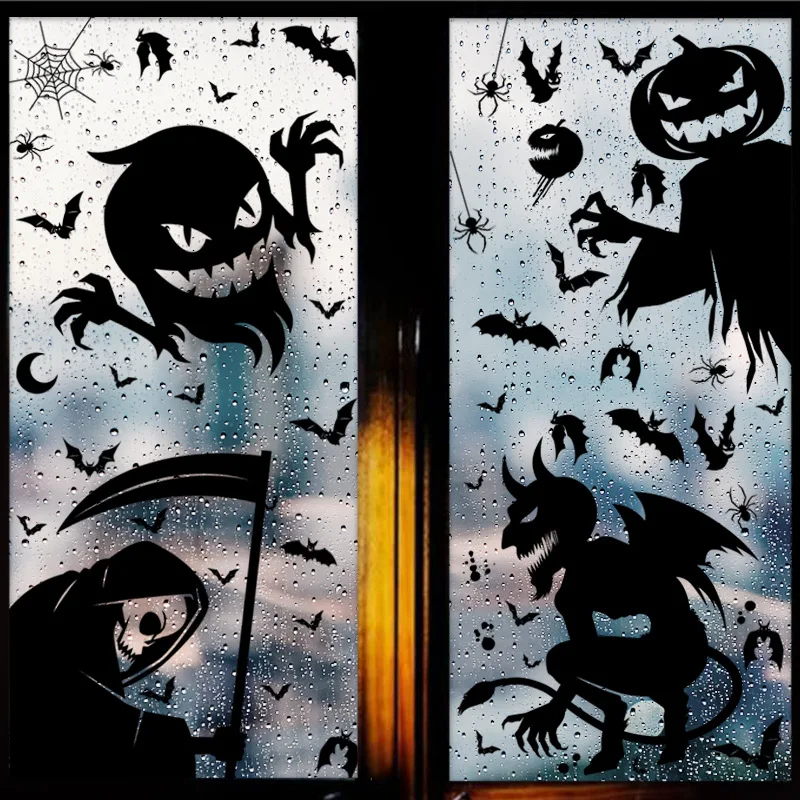 Halloween Giant Silhouette Static Window Stickers Witch Reaper Skeleton Demon Bat Spider Ghost Decals Glass Decor Clings