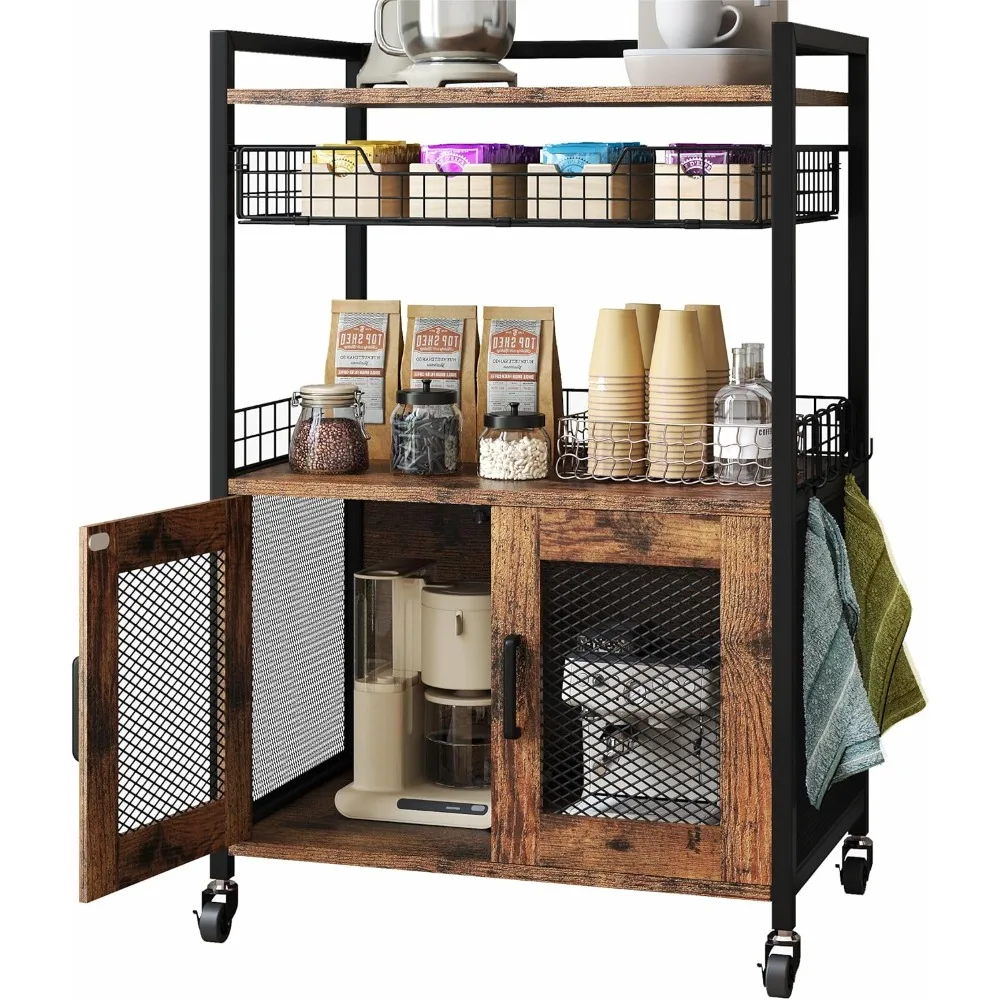 

Coffee Bar Cabinet, 3 Tier Coffee Station Table on Wheels, 35.9" H Bar Cart with Wire Basket Drawer & 5 Hooks for Home Kitchen