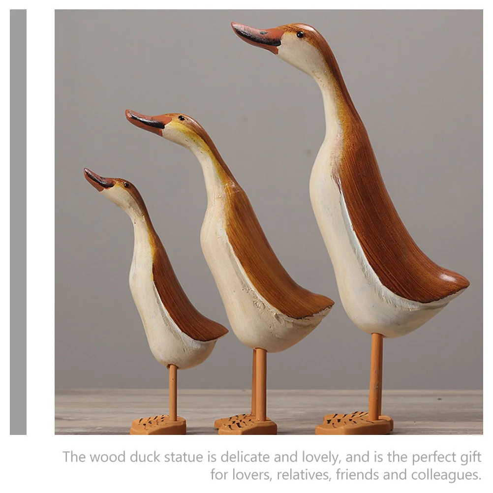 3 Pcs Duck Animal Statue Decor Lovely Figurine Wood Sculpture Decorations Craft Carved