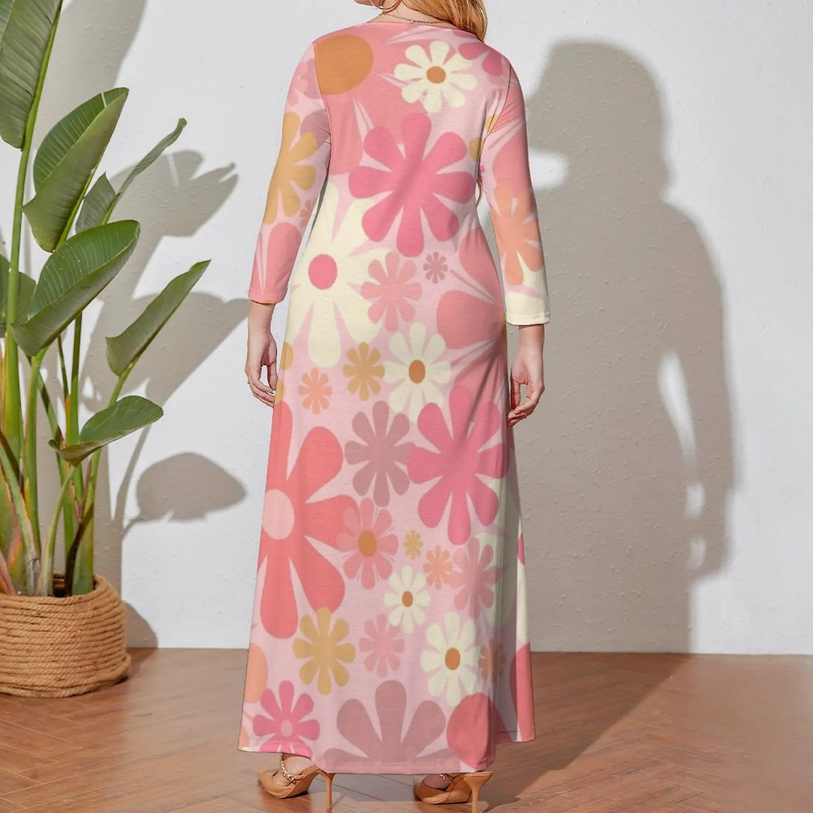 Blush Pink Vintage Aesthetic Floral Pattern - Pastel Pink Flowers, 60s and 70s Style Long Sleeved Dress dress korean style