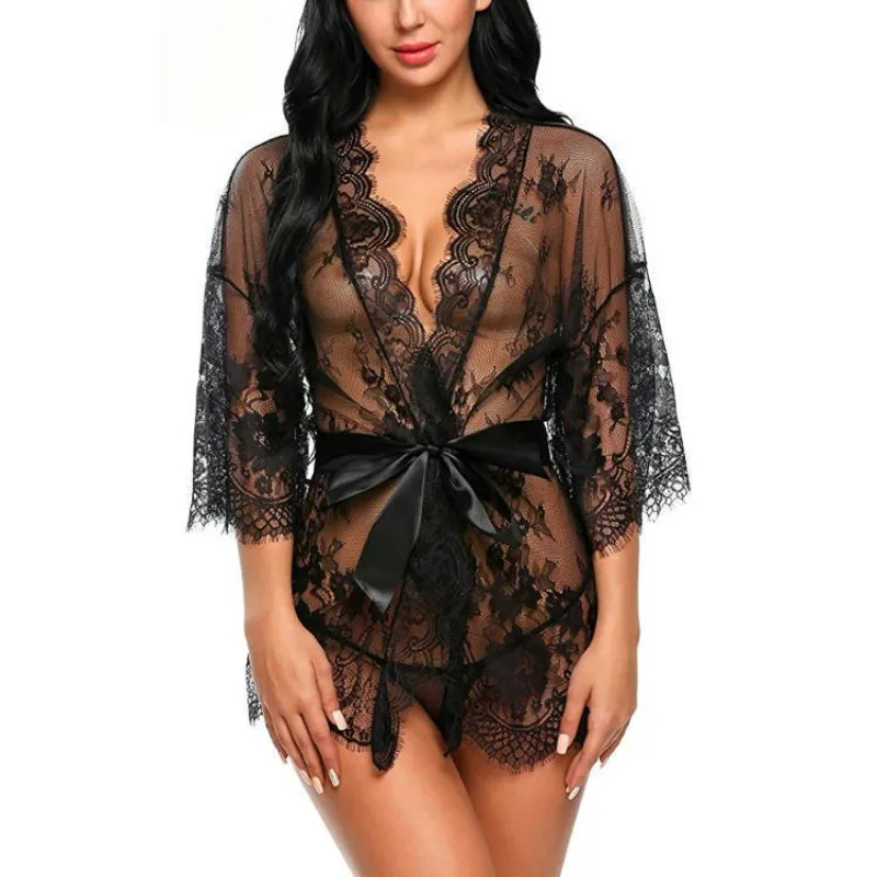 New Women Sexy Lace Kimono Robe Woman Mesh Transparent Casual Pajamas Lady Lingerie Ladies Nightgown Set Casual Night Temptation