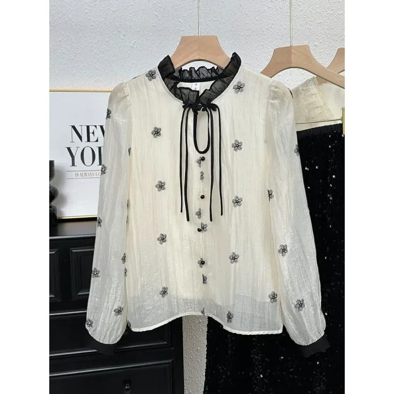

2025 Early Spring Elegant Chinese Ropa Mujer Lace Long Sleeve Western Shirt Sweet Lace Up Fungus Simple Korea Chic Tops