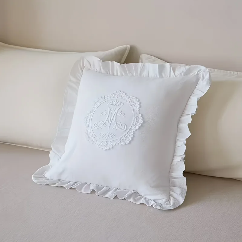 Picture 4: French Lace Pillowcase | White Square Cushion Cover with Zipper Closure, Embroidery, Polyester, Hand Wash Only