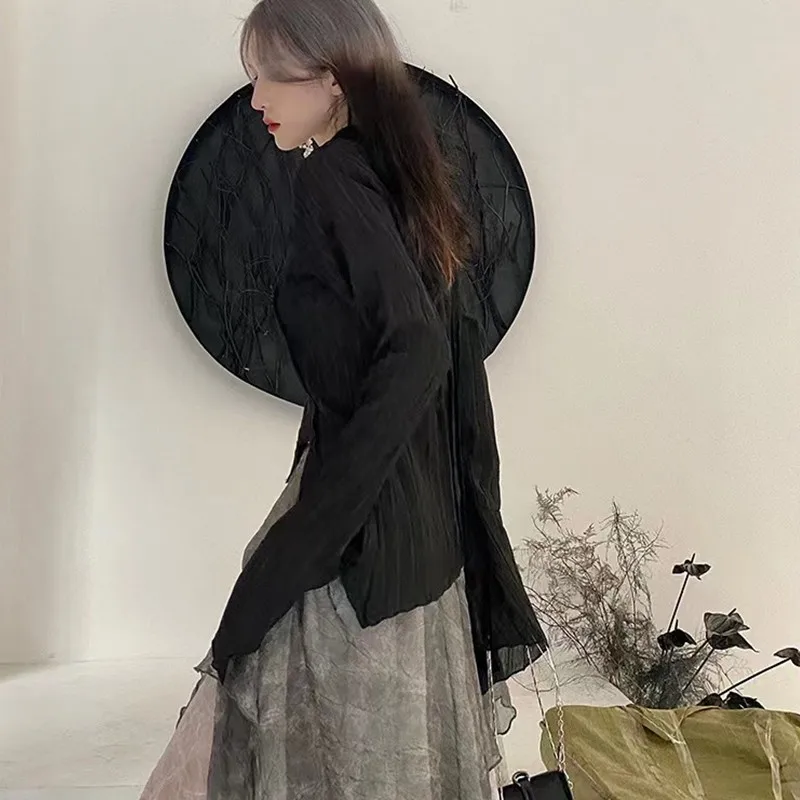 Gothic Black Shirt Women Dark Aesthetic Irregular Blouse Y2K Designer Style Alt Emo Grunge Tops view 4