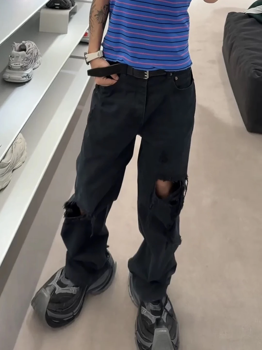 

Parisian Waed Bla Hole Ripped Frayed Jeans Men's Street Sle Loose High Slim Casual Long Trousers Cotton Straight Leg