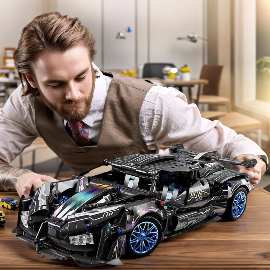 A set of black, super futuristic racing car building blocks and toy kit, featuring over 1,000 pieces of car models as gifts.