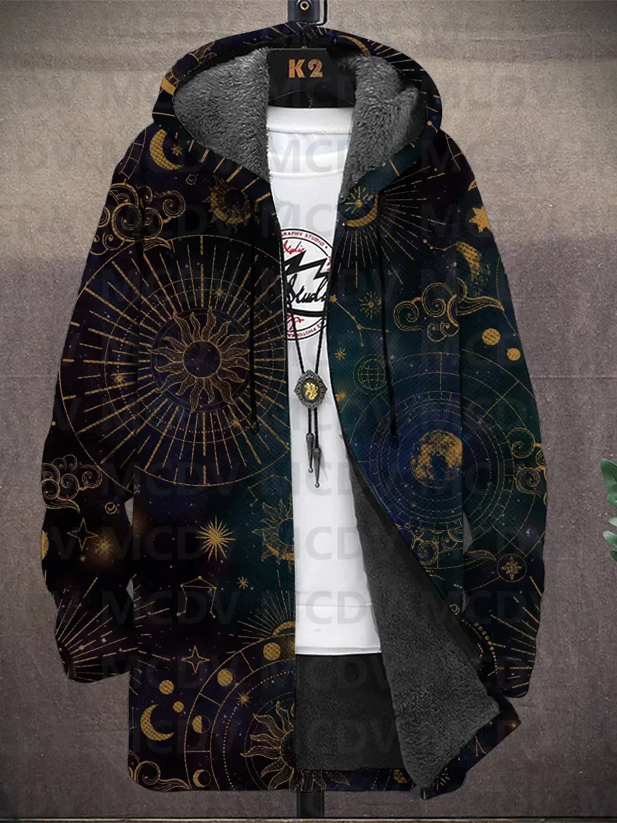 Men's Art Moon And Sun Print Hooded Two-Pocket Fleece Cardigan Jacket