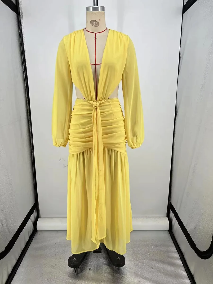 TWOTWINSTYLE เซ็กซี่ Spliced Sheer ตาข่าย Maxi ชุดผู้หญิงลึก V คอยาวแขนยาวกลางเอว Patchwork พับชุดหญิงใหม่