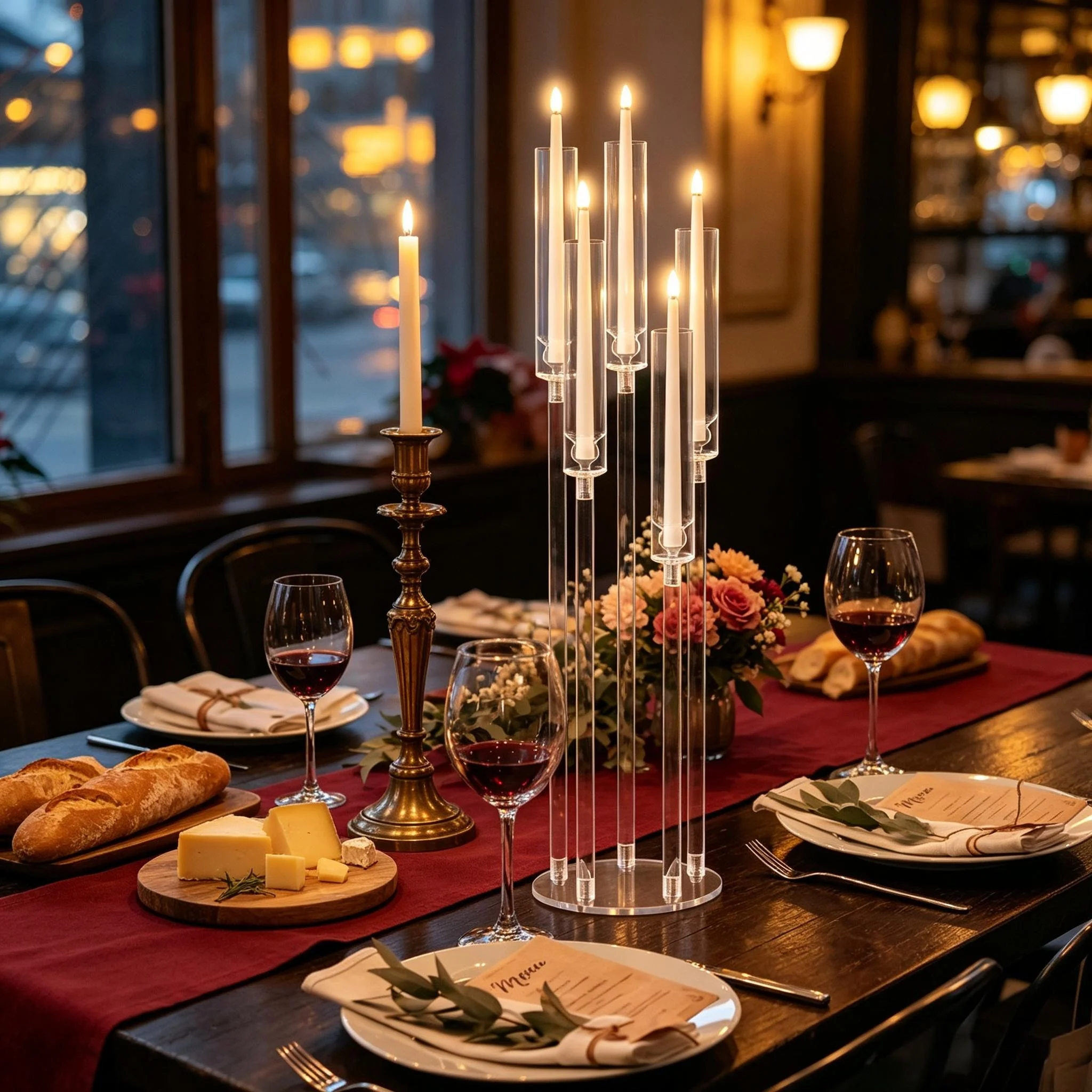 8pcs candle holder center decorations, high candle holder, transparent cone-shaped candle holder, 5-arm candle holder with lampshade, LED candle holder suitable for Wedding Dinner, family gathering，birthday party, festival decoration, without LED candle