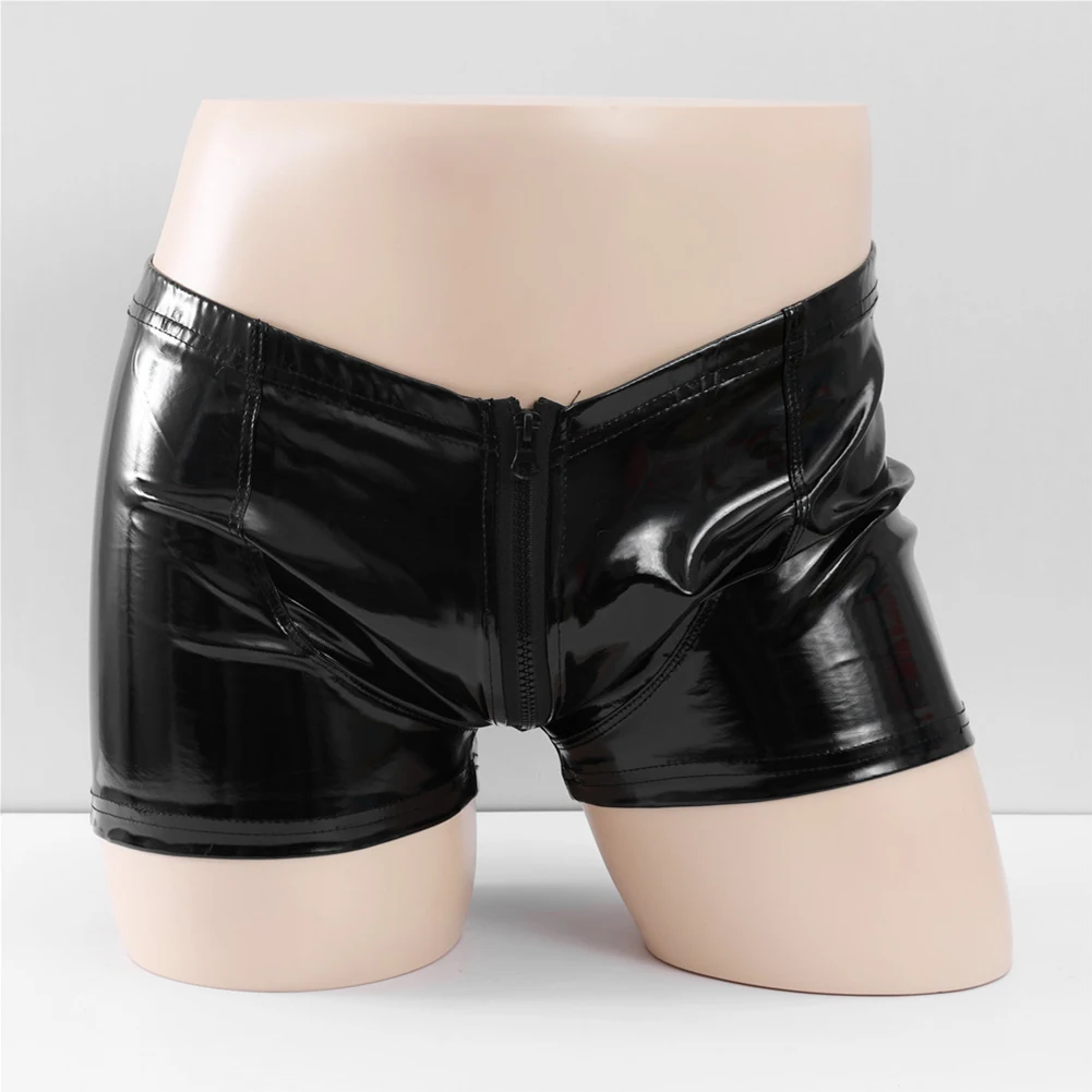 Sexy Mens Shiny PU Leather Zipper Shorts Underpants Hot Men\'s Bright Leather Underwear Bulge Gay Homme Panties