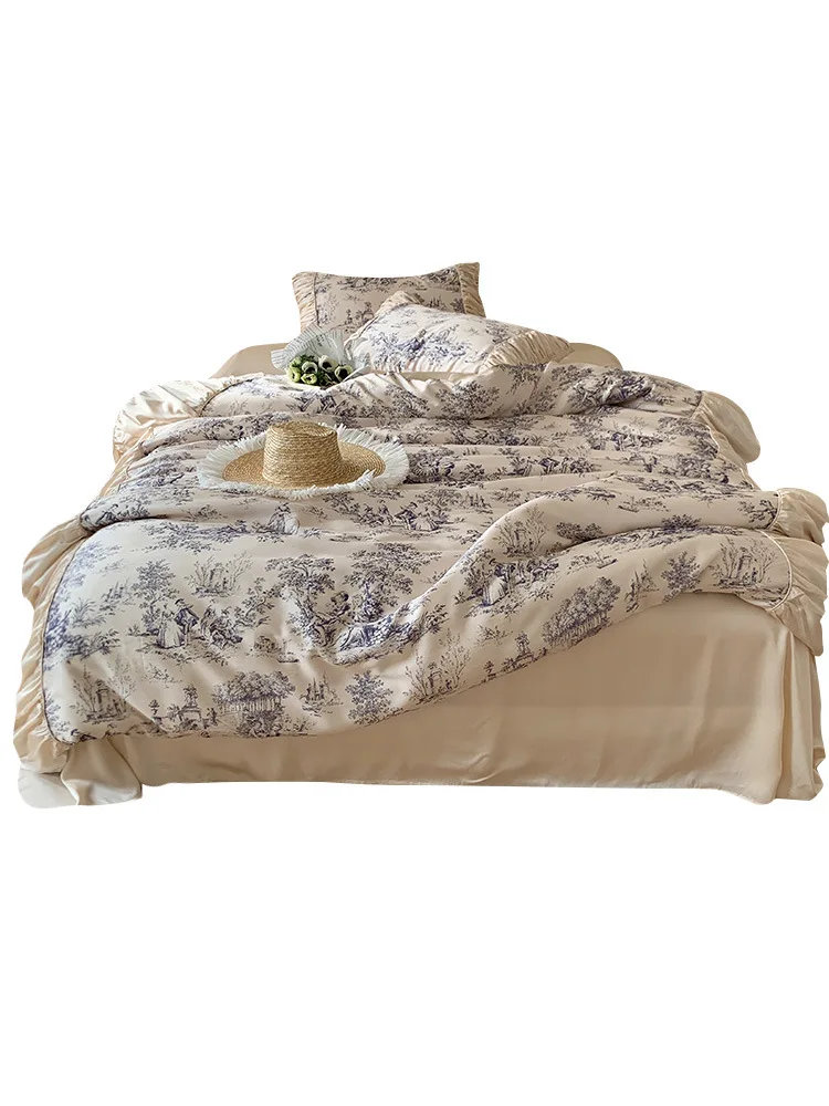 Korean idyllic 60 Lenzing Tencel four-piece set, summer soft silky ice silk quilt cover printing