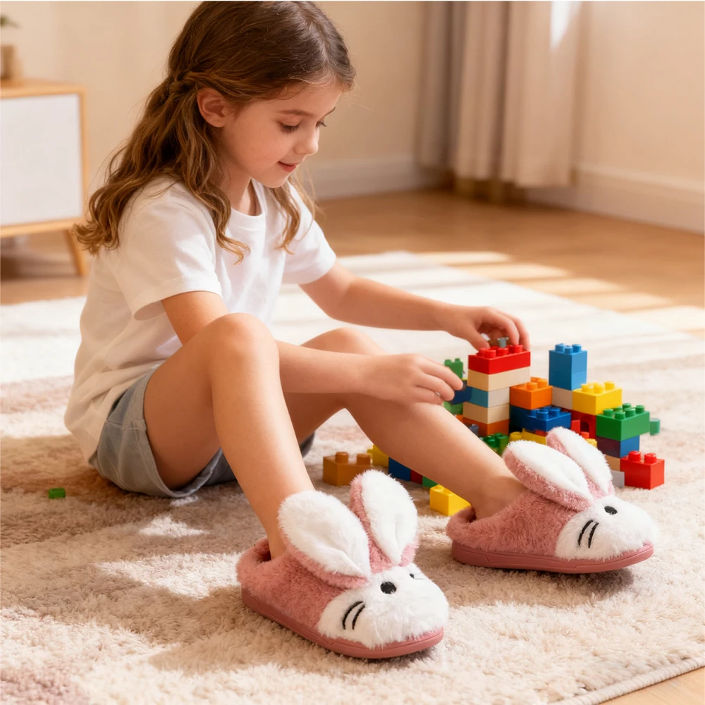 New Winter Slippers Cartoon Rabbit Warm Cotton Slippers Children Girls Indoor Floor Flat Non-slip Cover Heel Home Plush Shoes