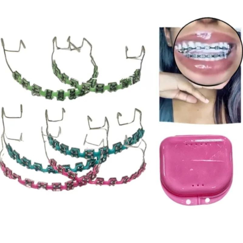 

1 пара временных декоративных брекетов для зубов, цветные металлические кронштейны, лигатурные проволоки, стоматологический инструмент с крючками и металлическими проводами