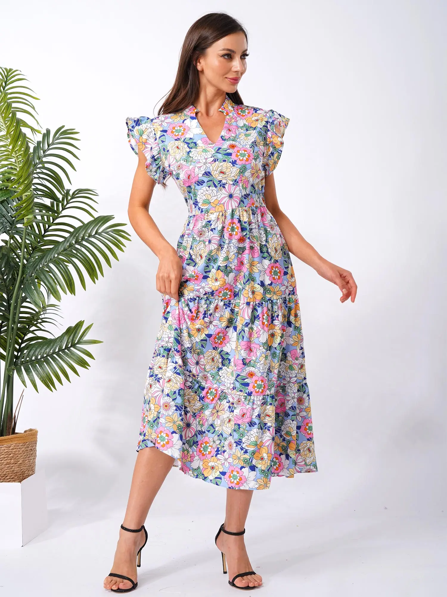 Abiti lunghi da spiaggia da donna da donna Abito floreale stile Boho con scollo a V increspato Abiti casual fluidi Abito da sole per le vacanze di nozze