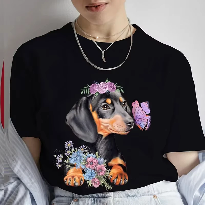 Fashion Cartoon Dachshund Clothes Graphic Dog Lover Print T Shirt for Women Casual Crew Neck Short Sleeve Plus Size Tshirt Women view 2