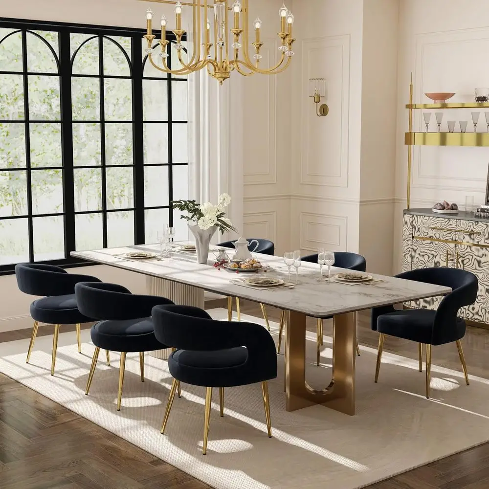 

Набор из 6 обитых бархатом обеденных стульев с золотыми ножками, с ажурной спинкой, для элегантной кухни или ресторана