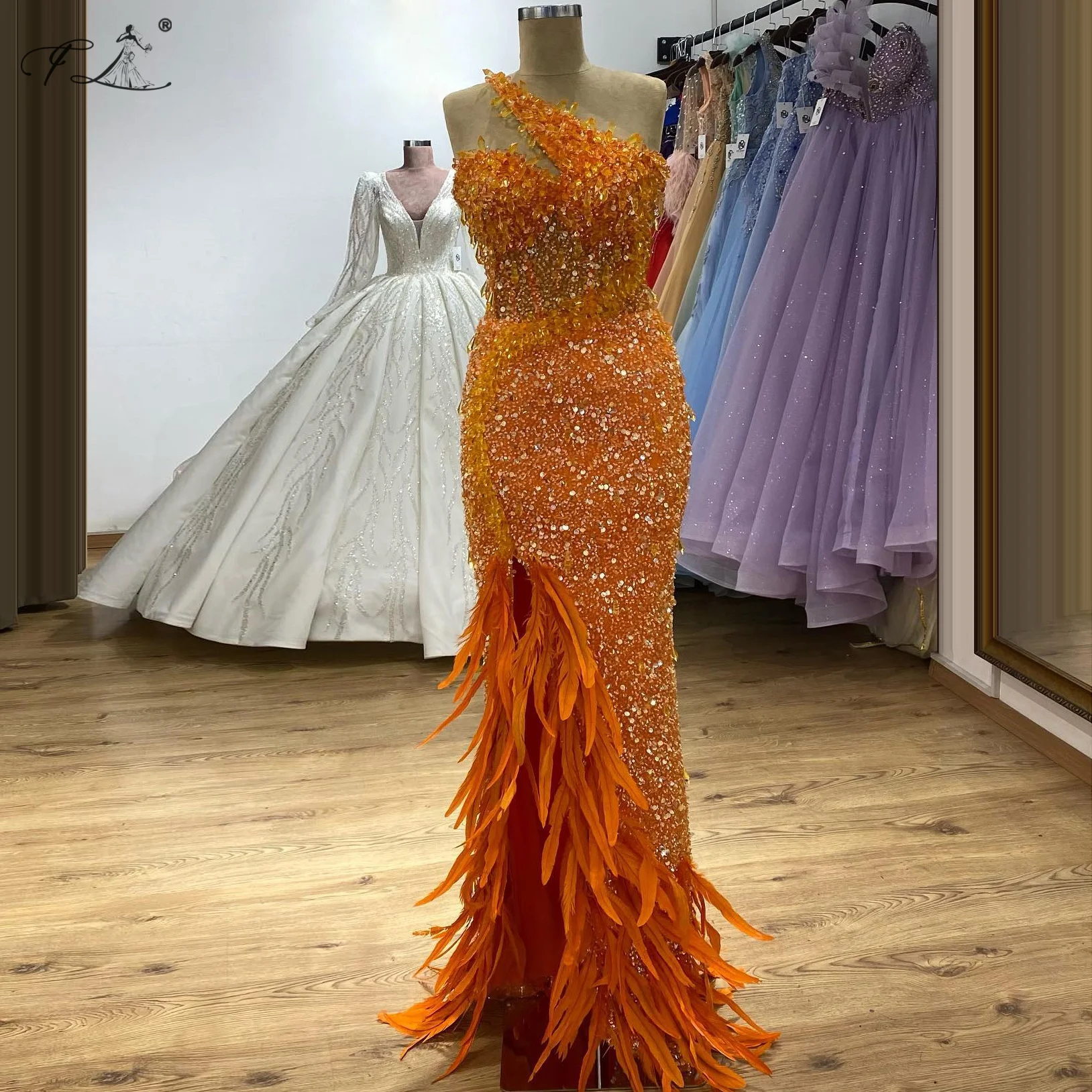 Asymmetrical Stylish Mermaid Dress Slanted Neckline Teardrop Pendant Sequin Feather Skirt Hem Prom Party Dress Customizable - view 4