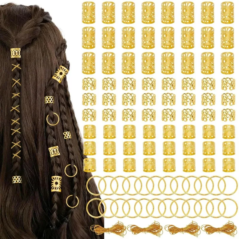 

120 Pieces Gold Hair Rings for Dreadlocks with String Rope for Braiding Synthetic Hair Extensions DIY Wigs Decor Durable Kit
