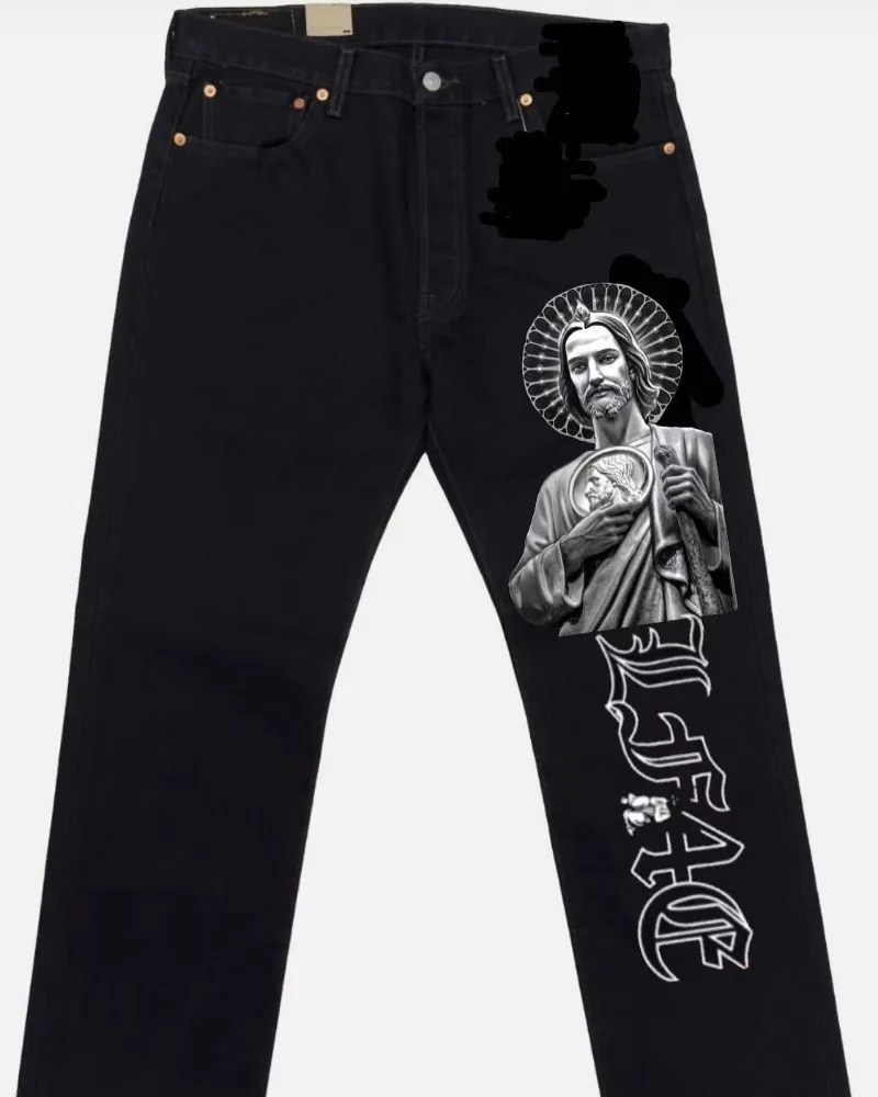 American Street Trendy Brand Letter Print Jeans Black Straight Jeans Men Women Ins Net Red Design Fashion Denim Wide Leg Jeans