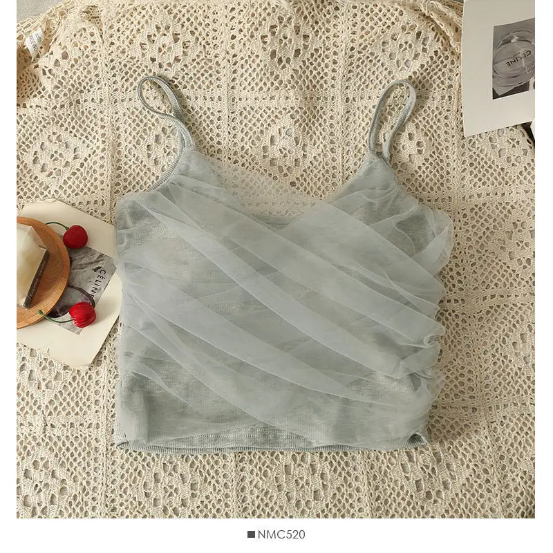 Pure Desire Sexy Mesh Splice Crop Top Strap Vest Summer Design Slimming Short Length Back Exposure Women's Tank Tops