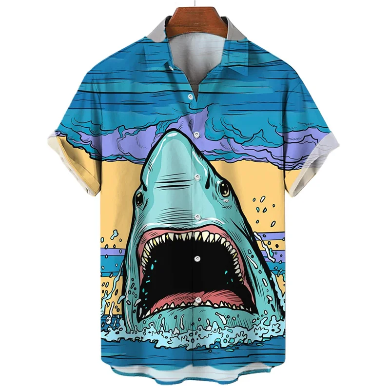 Funny Shark 3D Printed Hawaiian Shirt Men Casual Fashion Short Sleeves Streetwear Oversized Button Lapel Blouse Women Clothing