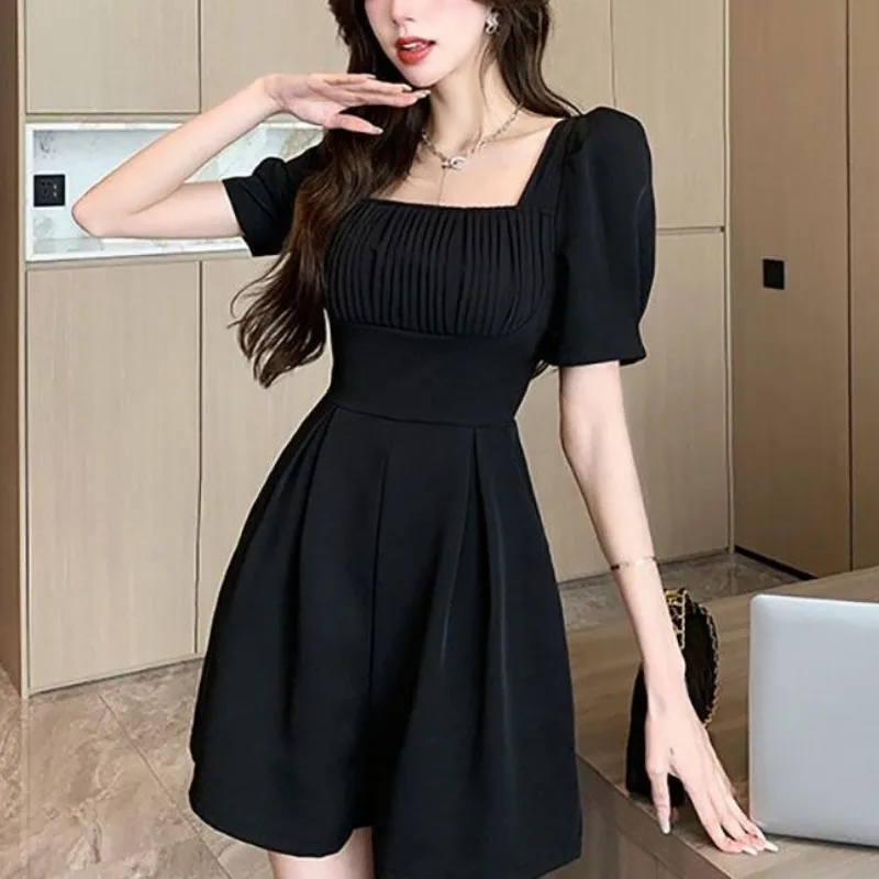 Summer Women\'s Pullover Square Collar Short Sleeve Shirring Solid Color Casual Elegant Fashion Trouser Suits Jumpsuits Rompers