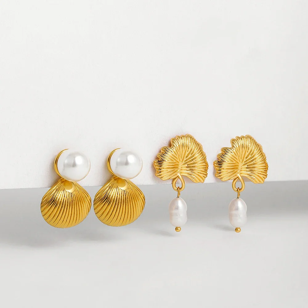 Fashion Gold Plated Stainless Steel Ginkgo leave shape Drop Earrings for Women Oval Baroque Pearl Earring Statement Jewelry