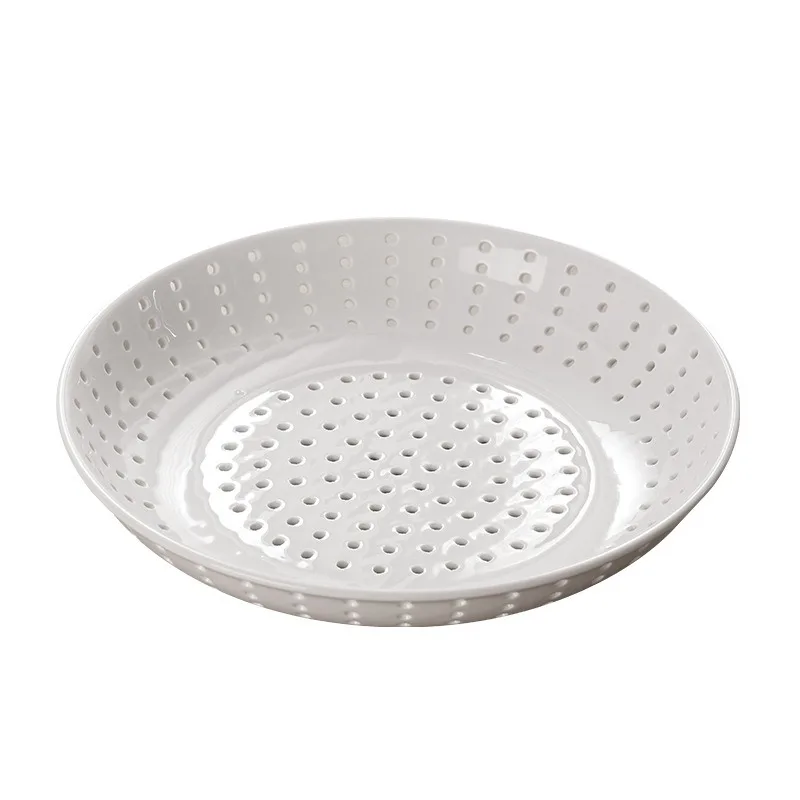 White Heat-resistant Ceramic Hollow Drainage Tray, Circular Ceramic Porous Steamer Creative Kitchen Utensils 6