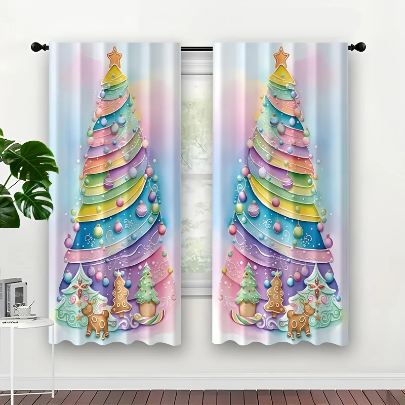 Pastel Xmas Tree Curtain Panels,Color‑gradient Xmas Tree Bauble Gingerbread Soft Tone Print Drapes for Apartment Xmas Home Decor