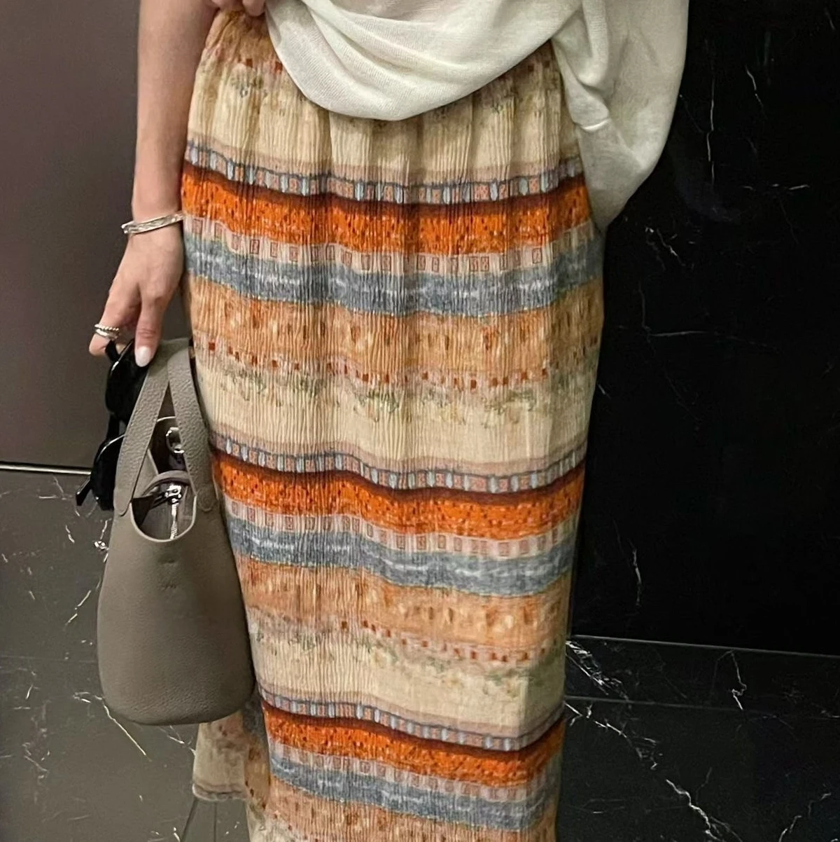 Women's Spring Summer Skirts Fashion Ropa Mujer Rainbow Print Long skirt Elastic High Waist Pleated Beach Vocation Faldas