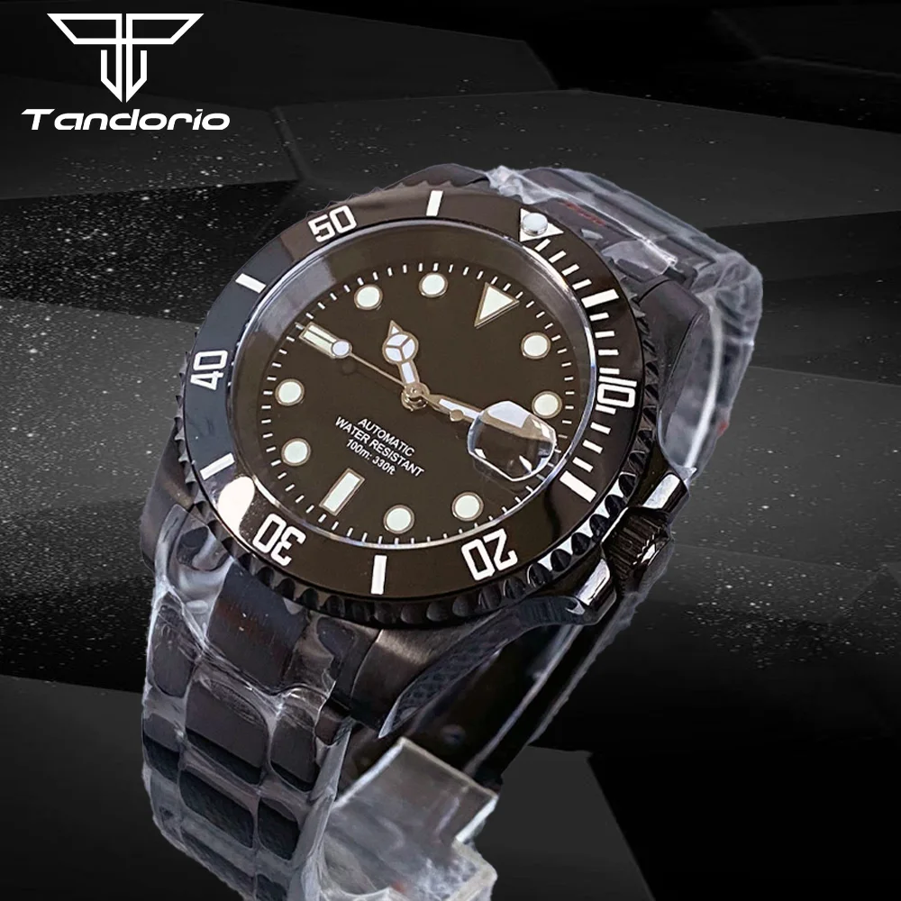 40mm Tandorio PVD NH35A Men's Mechanical Black Men's Watches Date Magnification Ceramic Bezel Sapphire Glass Wristwatch Bracelet