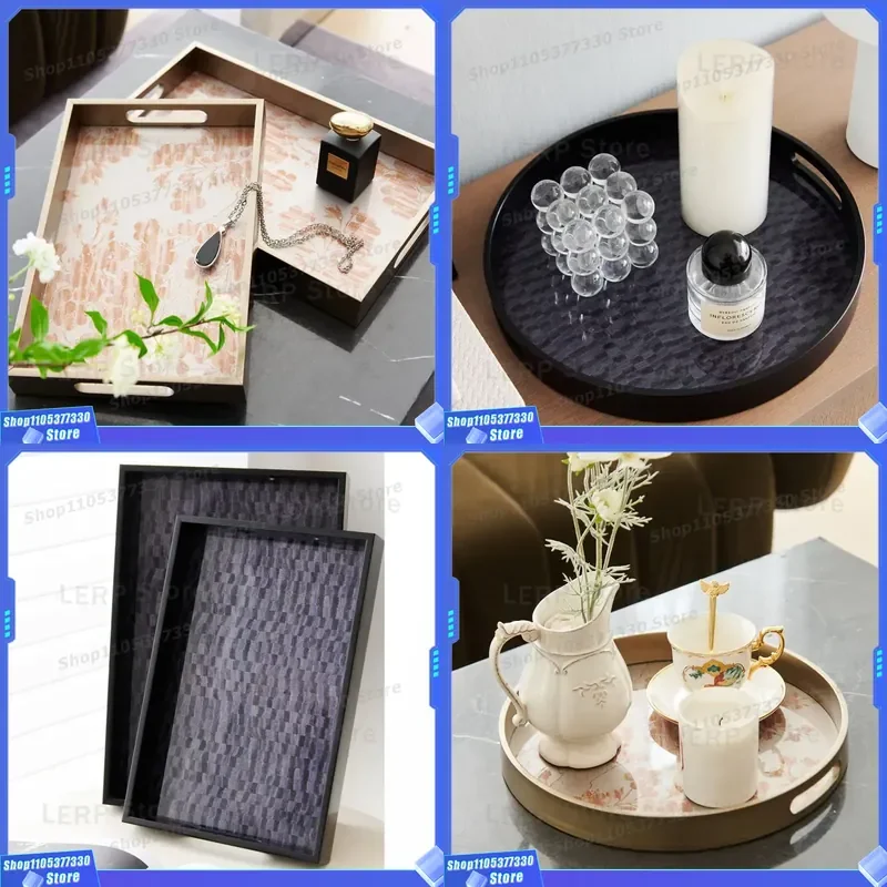 Modern Gold Flower Decorative Tray Black Corrugated Ink Rhyme Design Long Round Storage for Living Room Coffee Table Simple