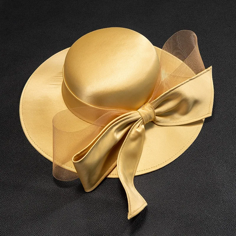 Women Chruch Satin Fedora Hat Women Elegant Wedding Fascinator Bow Party Chapeau Femme Vintage Chapeu marca de luxo