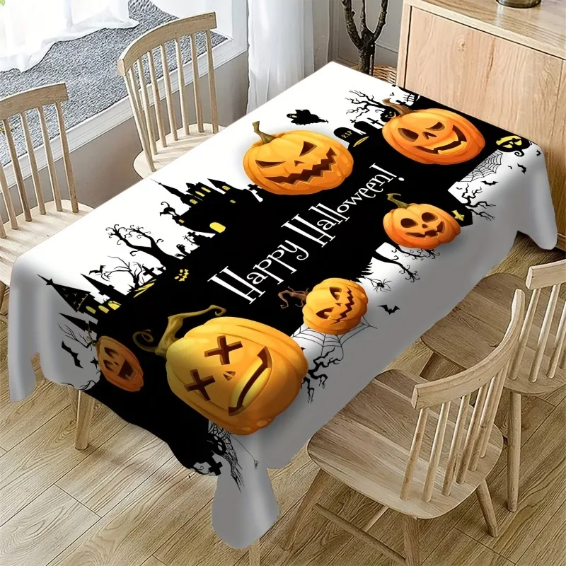 One Halloween tablecloth with a terrifying pumpkin ghost house design - a durable 100% polyester rectangular tablecloth.