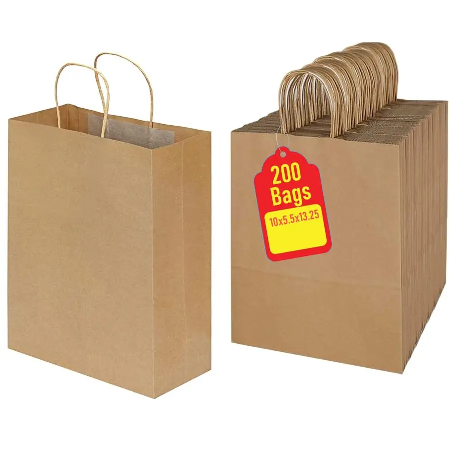 

Premium 10x5x13 Paper Bags with Handles Pack of 200, Kraft Paper Bags Ideal for Shopping, Wedding, Business, Retail, Craft, Gift