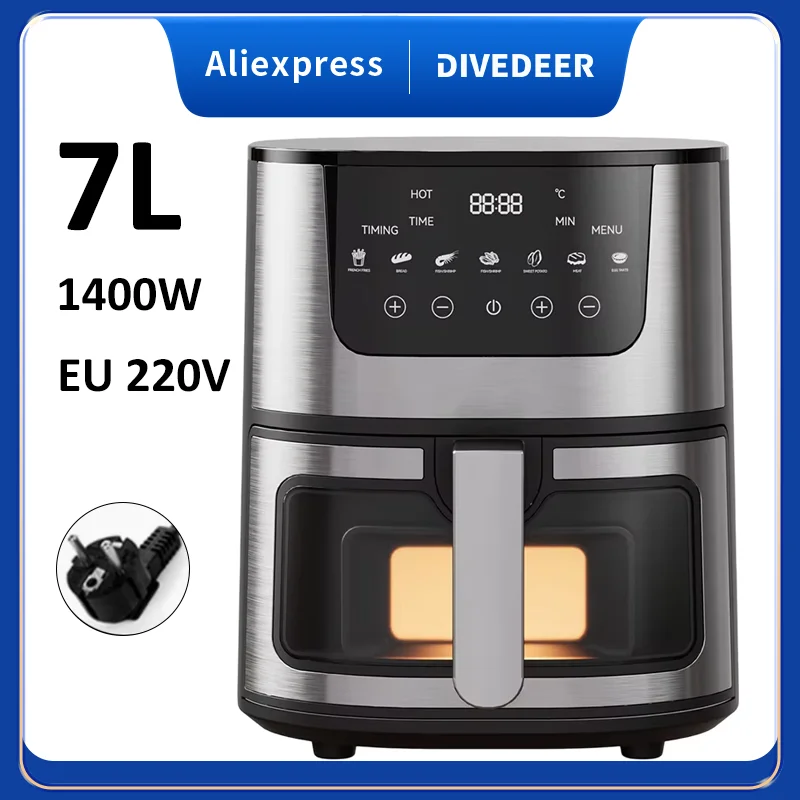 DIVEDEER 7L visuelle Heißluftfritteuse für den Haushalt – großes Fassungsvermögen, multifunktionales Design aus Edelstahl für den Heimgebrauch (Freidora Aire)