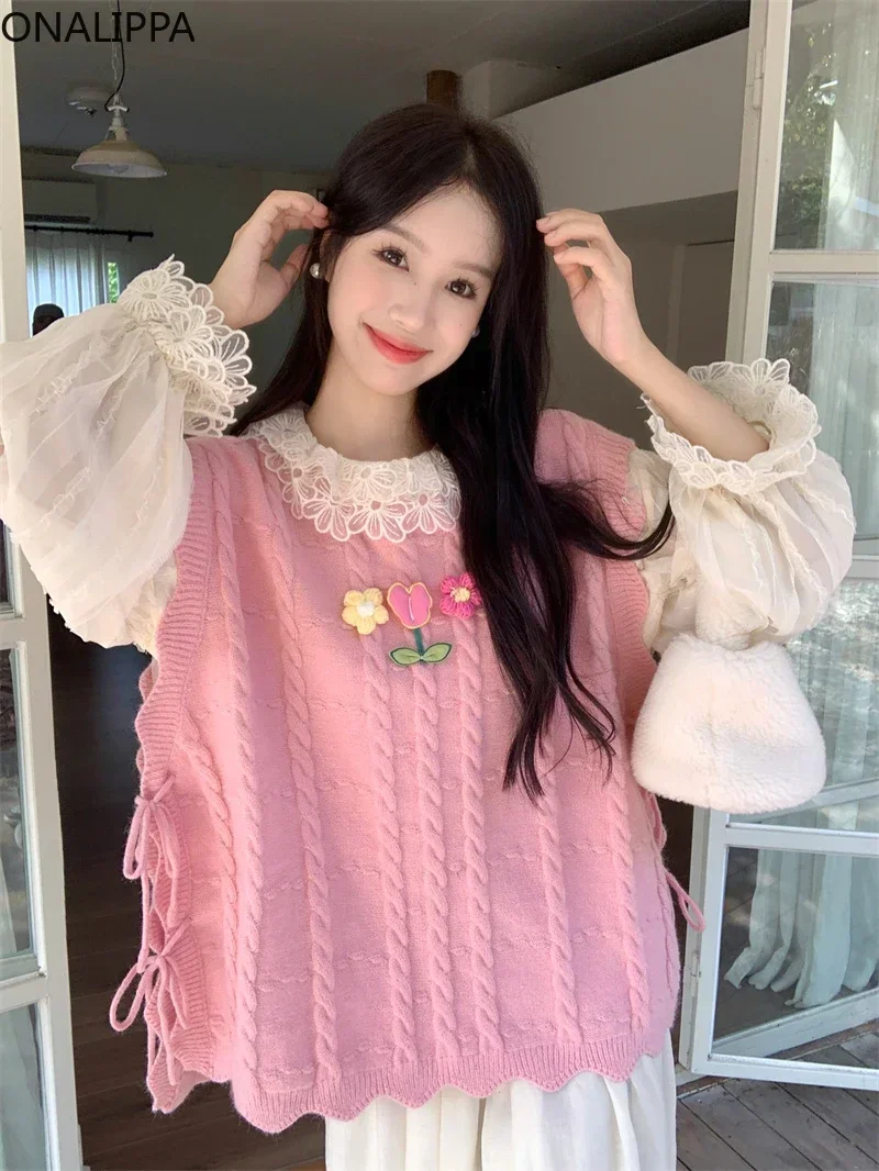 Onalippa Kawaii Lace Up Hemp Pattern Sweater Vest Floral Solid Bottoming Shirts Women Korean Chic Design Knitted Pullover