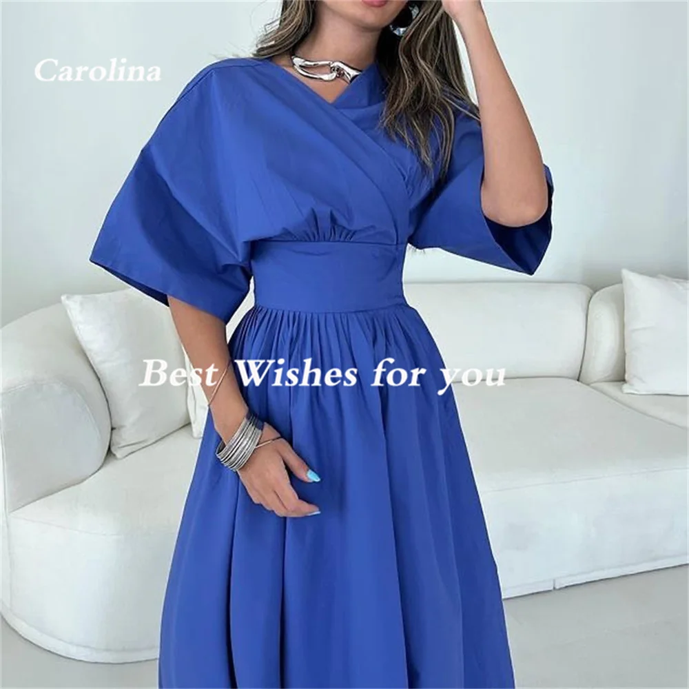 Carolina Elegant V-Neck Evening Dresses Blue Half Sleeves Open Back A-Line Simple Vintage Robe De Mariée Party Gown Women