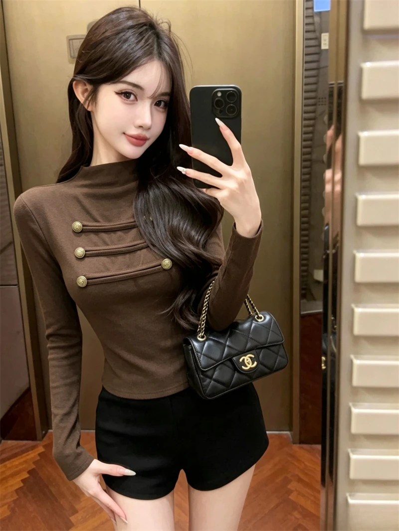 Korean Style Long Sleeve Heavy Work Short T-Shirt Women's Autumn Design Collar Splice Slimming Top Fashionable Business Casua...