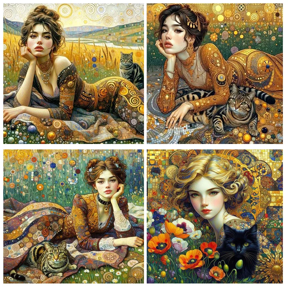 Sexy Woman and Cat DIY Diamond painting Gustav Klimt Full Diamond Art Mosaic Embroidery Cross Stitch Rhinestone Home Decortion