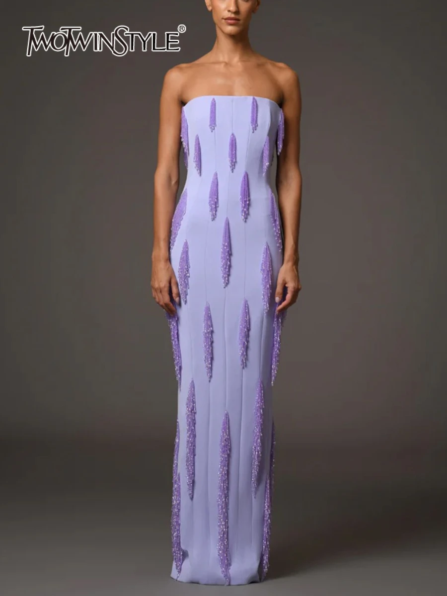 

TWOTWINSTYLE Purple Slimming Spliced Bead Elegant Dresses for Women Strapless Sleeveless Temperament Dress Female Clothing New